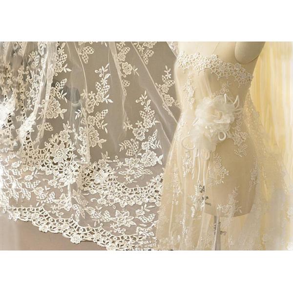 Quality Ivory Embroidery Bridal Corded Lace Fabric , Flower Scalloped Edge Lace Fabric By The Yard for sale