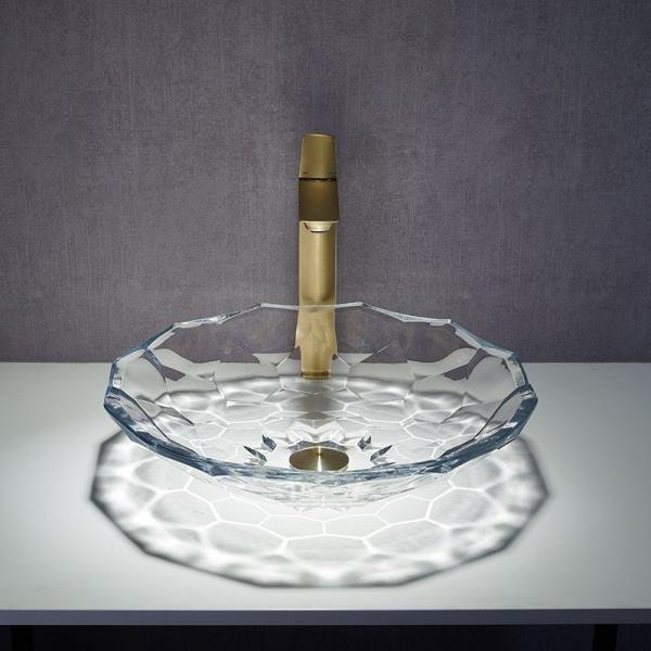 Quality Shinning Glass Wash Basin Transparent Faceted Shape Bathroom Sink Basin for sale