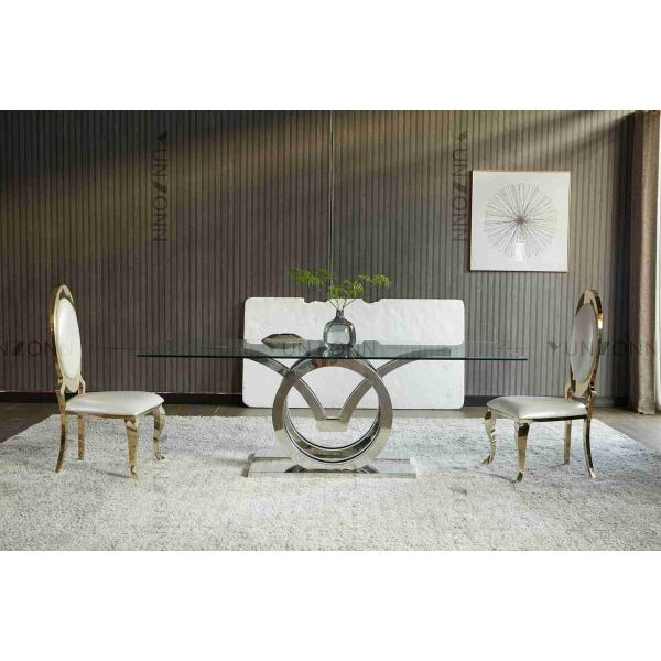 Quality Seagulls Design Luxury Modern Glass Top Dining Table Set 4 Seater Stainless Steel Base Frame Silver for sale