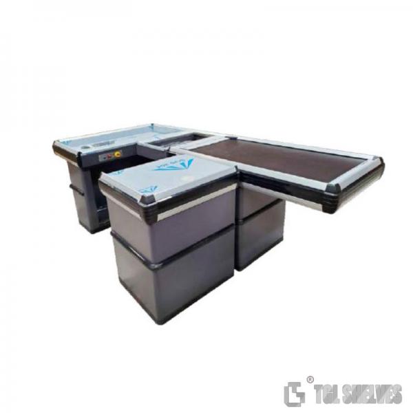 Quality Morden Register Checkout Counter , ODM Supermarket Cashier Desk With Conveyor Belt for sale