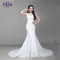 China Fashion v neck tulle handmade embroidery bride white beaded mermaid wedding dresses factory