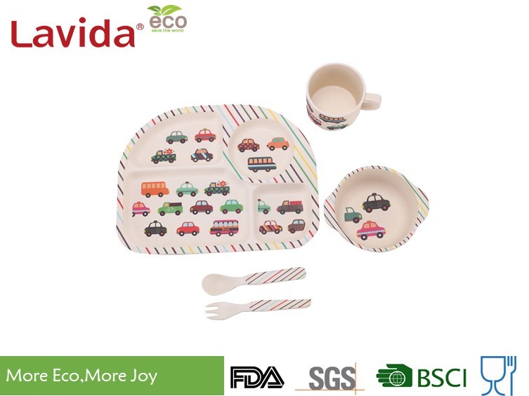 China Colorful Cartoon Cars Style Bamboo Childrens Dinner Set , Reusable Baby Bamboo Dinner Set factory