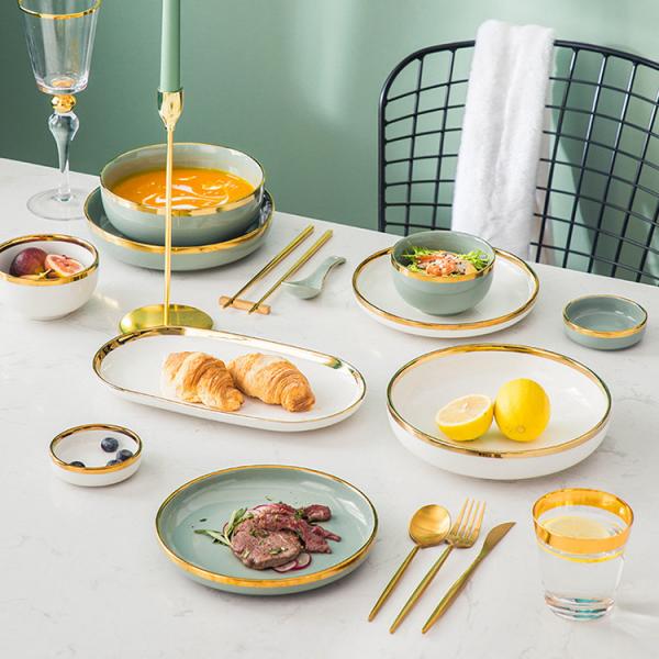 Quality Nordic Luxury Style Ceramic Tableware Set Emerald Green With Gold Rim for sale