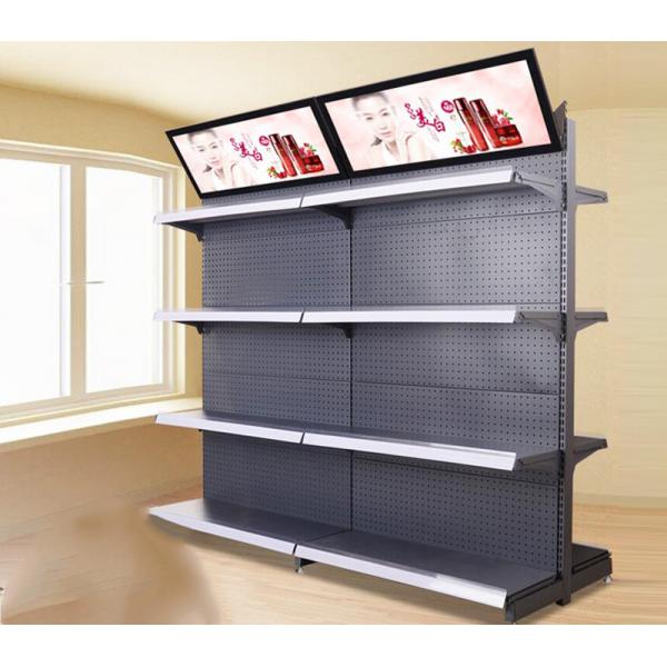 Quality Customized Size Metal Supermarket Display Shelving With Advertising Board for sale