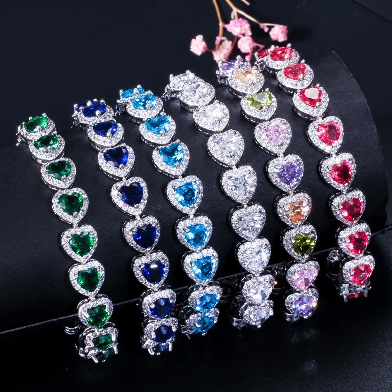 China Elegant Prom Party Bracelets Jewelry Heart Shape Bracelets Blue Purple Red Green Yellow Crystal Stone Charm Bracelets factory