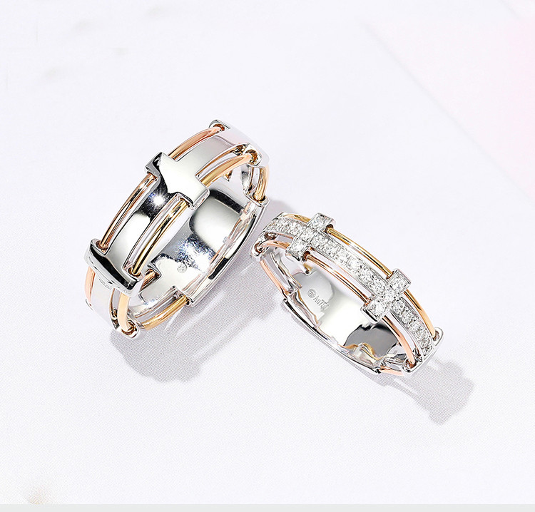 China 4.5g 6.5g 18K Gold Diamond Rings Couples Cross Promise Rings factory