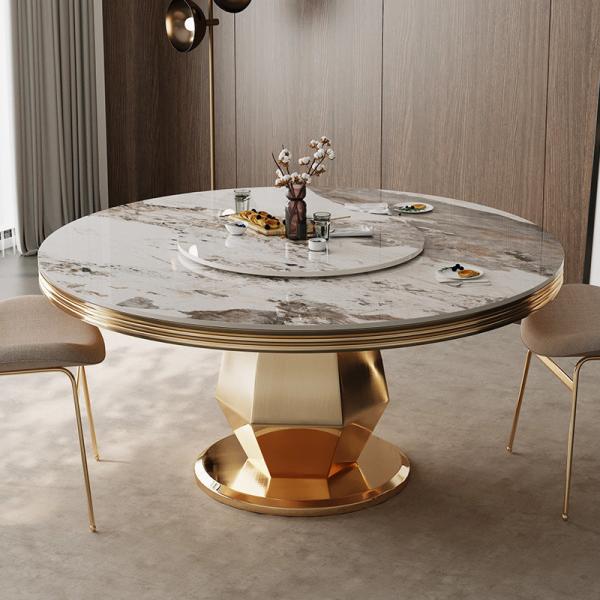 Quality Stainless Steel Marble Round Dining Room Tables Polished With Turntable for sale