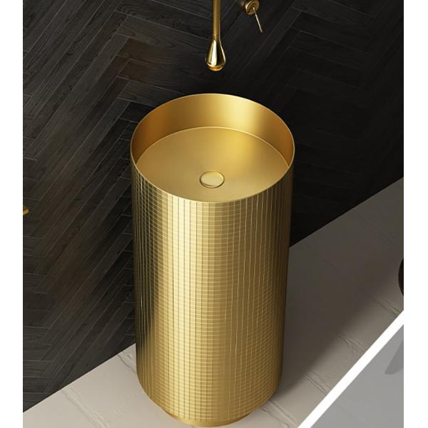 Quality Floor Standing Stainless Steel Pedestal Sink , Cylindrical Wash Basin Brushed Gold Color for sale