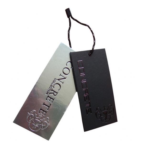 Quality Recycled Silver Paper Swing Tags Luxury Clothing Hangtag Emboss Black Foil Logo for sale