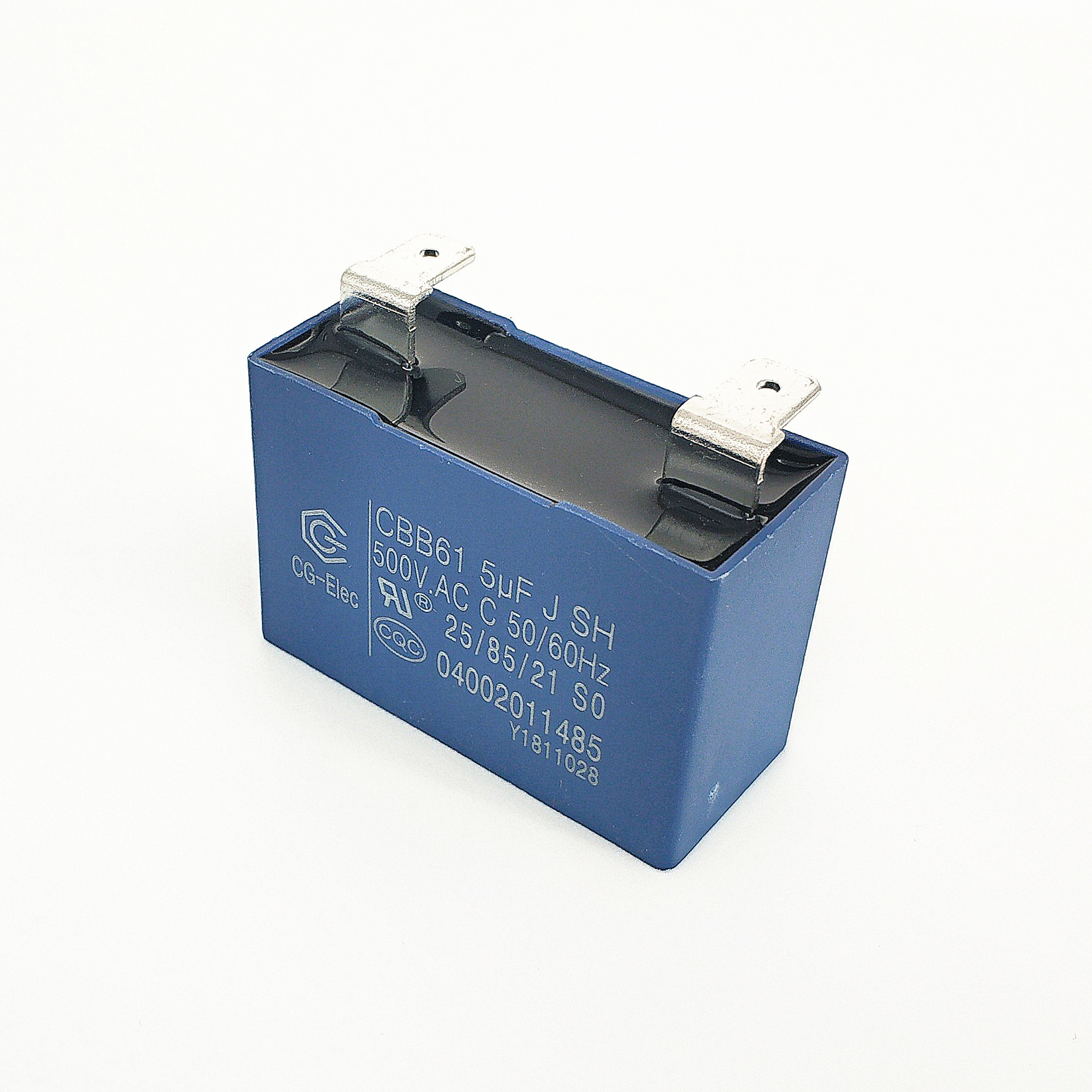 China CBB61 500V 5.0mfd Cooker Hood Capacitor Black Epoxy Blue PBT Case With Mounting Feet factory