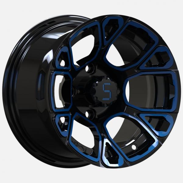 Quality Golf Cart Wheels 12 Inch Blue/Glossy Black 4x4 Bolt Including Center Caps for sale