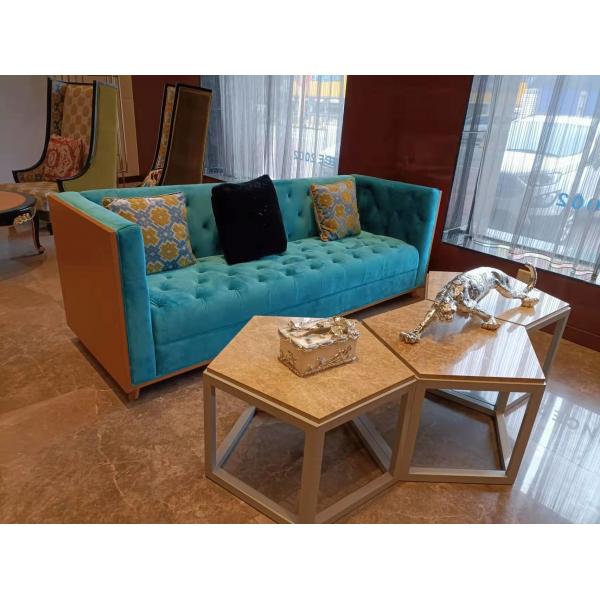 Quality 2200*900*800mm Gelaimei Wooden Frame Button Tufted Sofa Blue For Living Room for sale