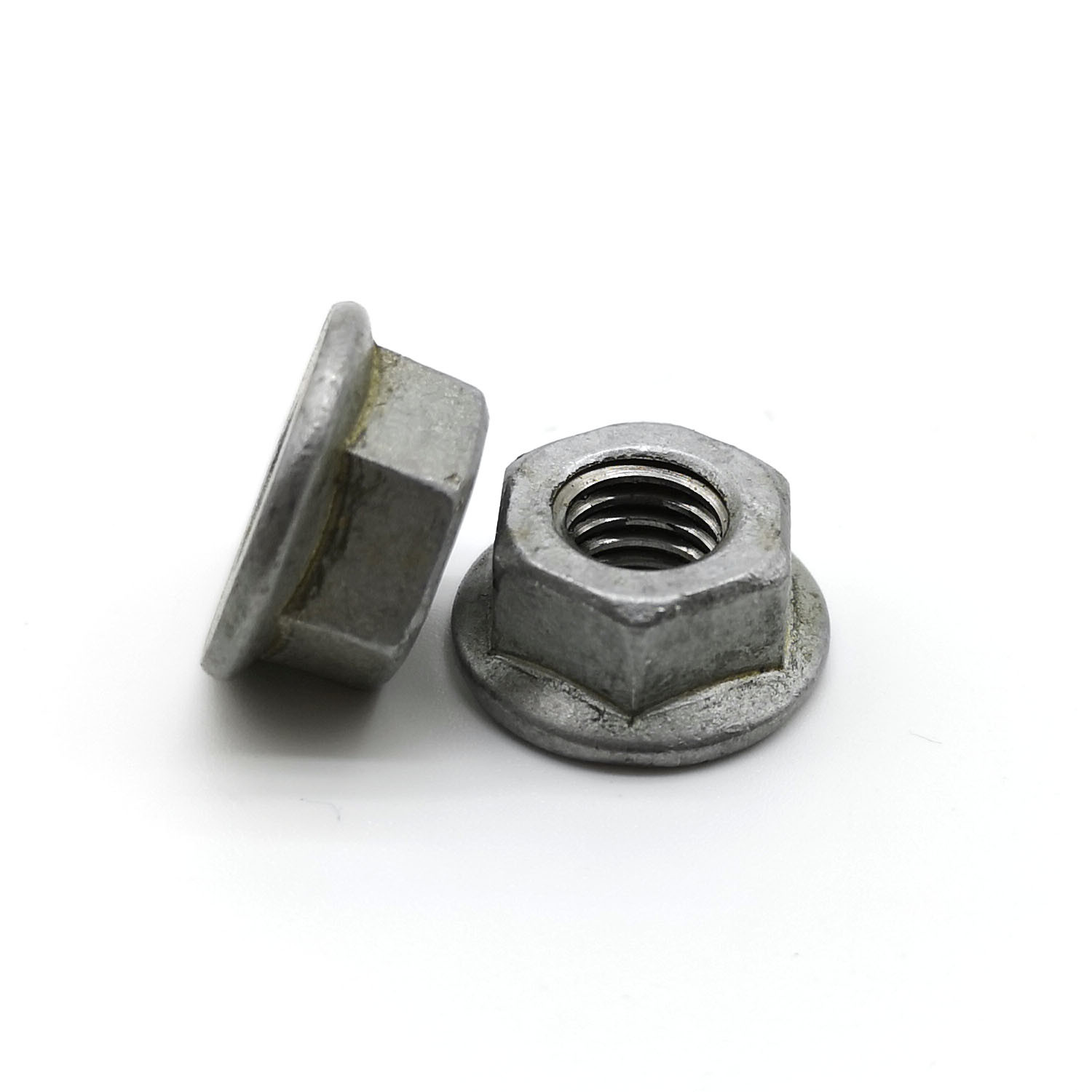 China Hot Dip Galvanized 55μ Carbon Steel Flange Nuts Chambering Hex Non Serrated Flange Nuts factory