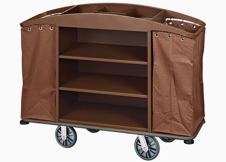 China Brown Hotel Room Service Trolleys with 6 Inches PPR Casters Heavy Duty Linen Bags factory