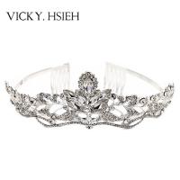 China VICKY.HSIEH Wedding Elegant Opalescent Stone Tiara Rhinestone Crystal Bridal Headband with Combs factory