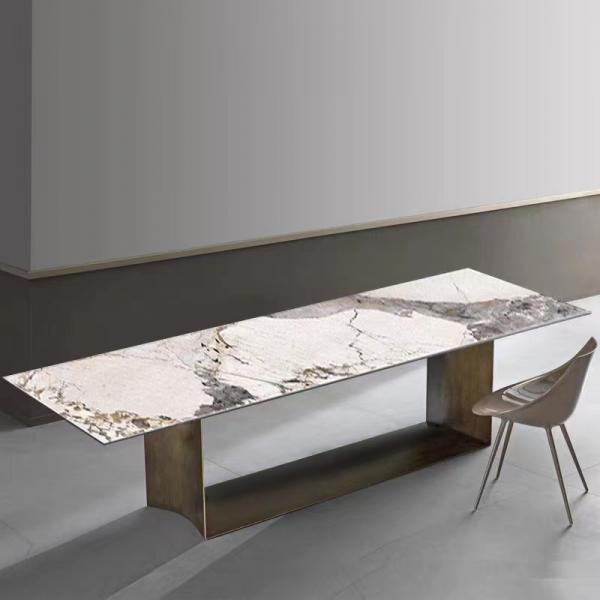 Quality Rectangle Visual Modern Ceramic Marble Metal Dining Table  For 8 for sale
