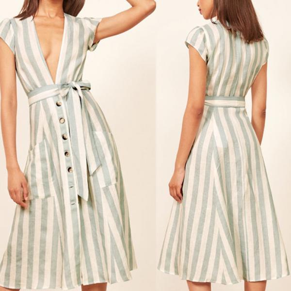Quality Boho Ladies Sex Linen Stripe Midi Dresses With Pocket Dress for Women for sale