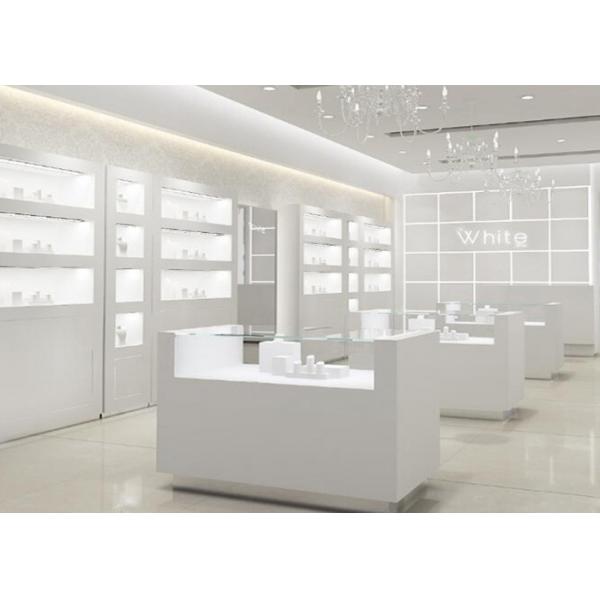 Quality Simple Wooden In Pure Matte White Jewelry Shop Decoration With Led Light for sale