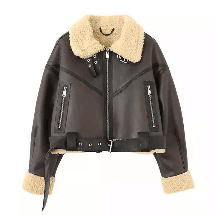 China                  Custom Cropped Leather Jacket Vintage Women&prime;s Motor Jackets Brand Quality Sherpa Warm Bomber Coat for Women Winter              factory