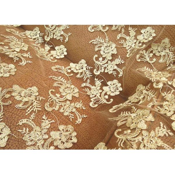 Quality Gold Retro Scalloped Corded Lace Fabric , Polyester Embroidered Floral Tulle for sale