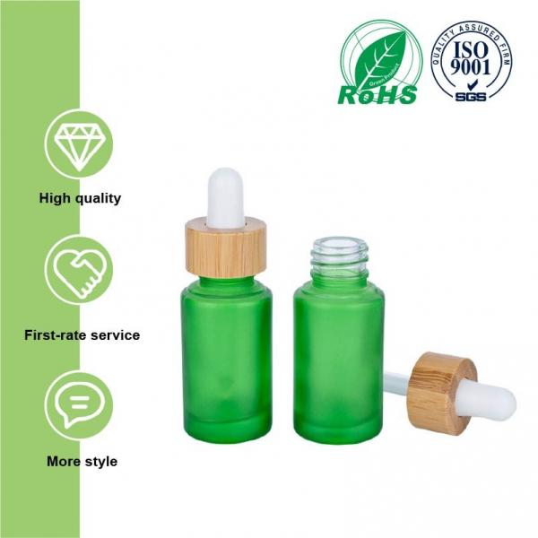 Quality 30ml Frosted Green Glass Dropper Bottles Essential Oil Bottle With Bamboo for sale