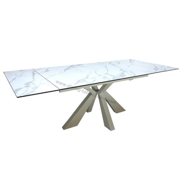 Quality Square Extension HPL Dining Table Tempered Glass Topped Laser Cutted Legs for sale