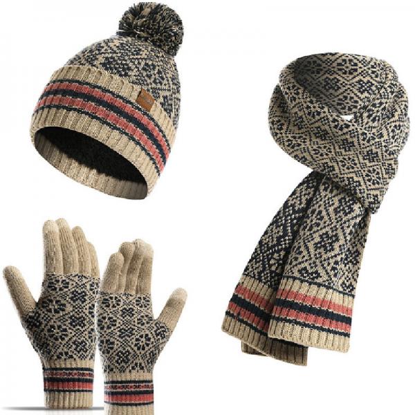 Quality 3 In 1 Winter Knited Beanie Scarf Set Knitted Hat Set With Touchscreen Gloves for sale