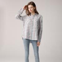China Ladies 100% Linen Open Neck Collar Shirt Blouse Plaid Pattern Button Decor Breathable factory