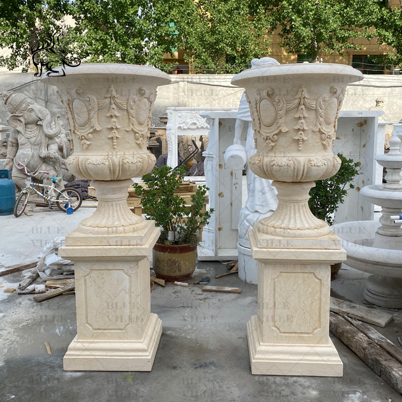 China Marble Modern Flowerpot Outdoor Beige Stone Vase Planter Pot Garden Decoration Handcarved factory