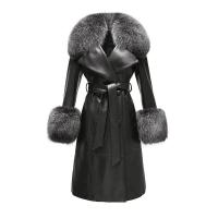 China                  Winter Fox Fur Collar Cuffs Women Long Leather Jacket Black Genuine Sheepskin Trench Leather Fur Coats for Ladies              factory