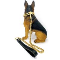 China 15mm Gold Stainless Steel Heavy Duty Dog Chain Leads Walking Dog Training Traction Black Leather Handle factory