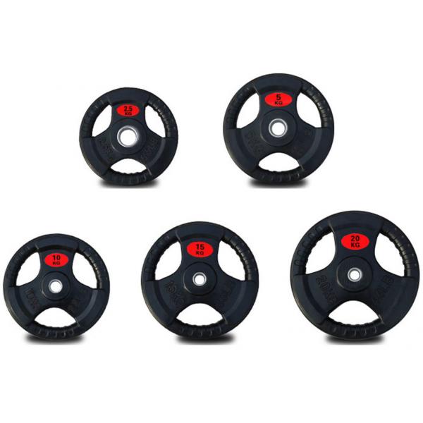 Quality OEM Tri Grip Three Holes Steel Weight Plate Rubber Coated Bumper Plates 5kgs for sale