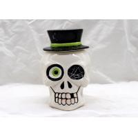 China Large Ceramic Skull Cookie Jar , Halloween Decoration Dolomite White Cookie Jar With Lid factory