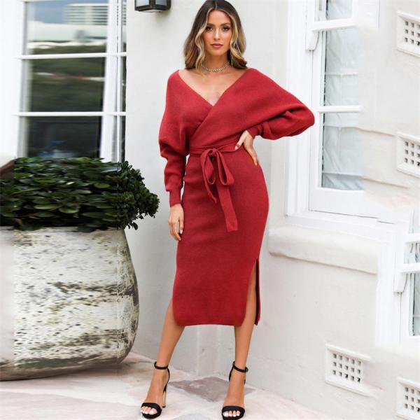 Quality Long Skirt Womens Sweater Dress Sexy V Neck Sweater Knit Dress for sale