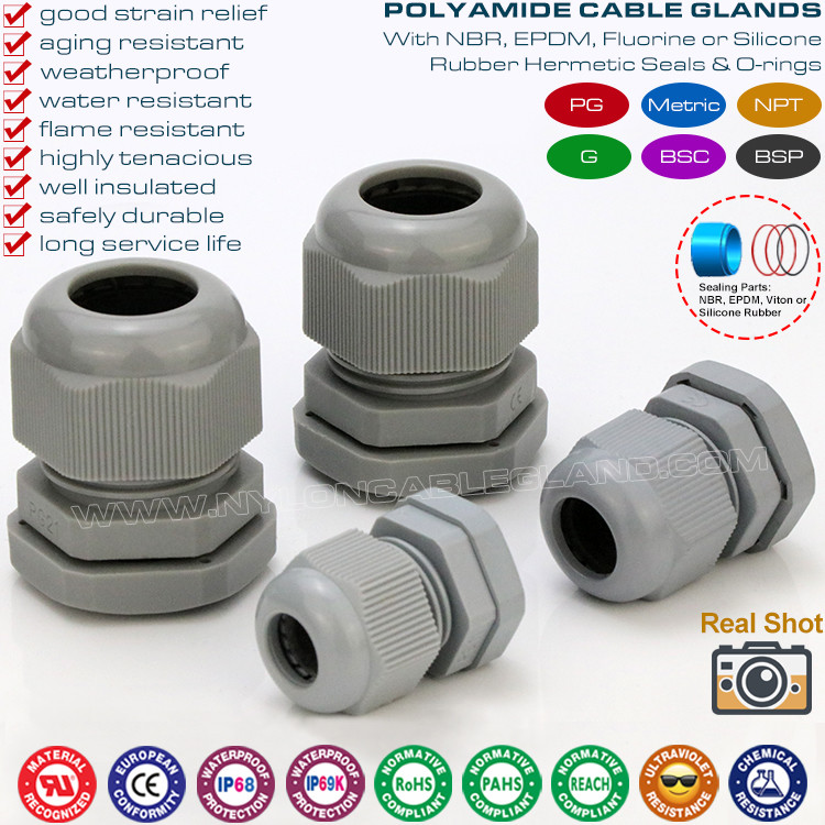 Straight Cable Glands, Metric & PG Thread, IP68, Polyamide 6 (Nylon 6), Grey RAL7001 & 7005, for Junction Box