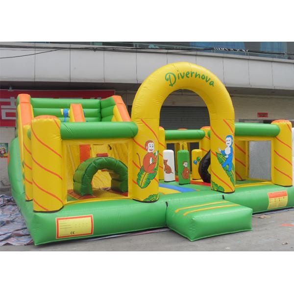 Quality Small Cartoon Theme Inflatable Fun Island , Inflatable Playground With Giant Blow Up Slide for sale