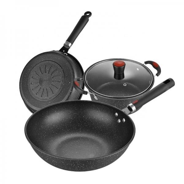 Quality Multi Function Black Flat Bottom 3PCS Frying Non Stick  Kitchen Cookware Sets for sale