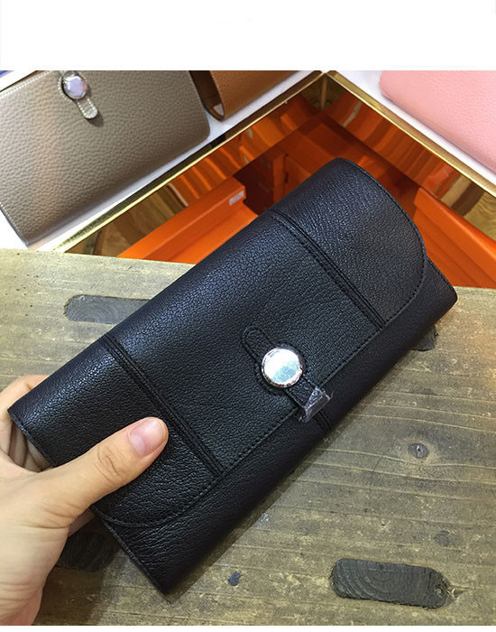 China high end quality black women wallet designer wallet goatskin wallet fashion wallet brand flat wallet with round button factory