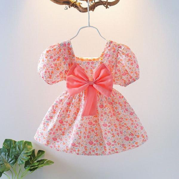 Quality Summer Short Sleeve Girl'S Floral Bow Dress XXS XS S M L XL for sale