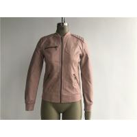 China Pink Color Womens PU Faux Leather Bomber Jacket With Rib Neck TW77437 factory