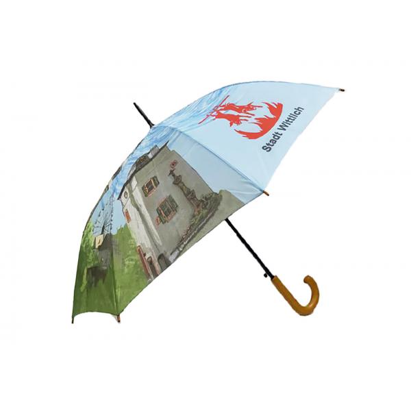 Quality Customized Printed Auto Open Stick Umbrella Curved Handle Unique Canopy for sale