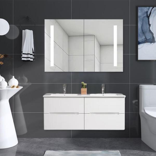Quality LED Mirror PVC Bathroom Vanity Cabinet with 2 Ceramic Basins for sale