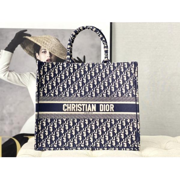 Quality Dior Oblique Embroidery Canvas Navy Blue Branded Shoulder Bag Christian Book Large for sale