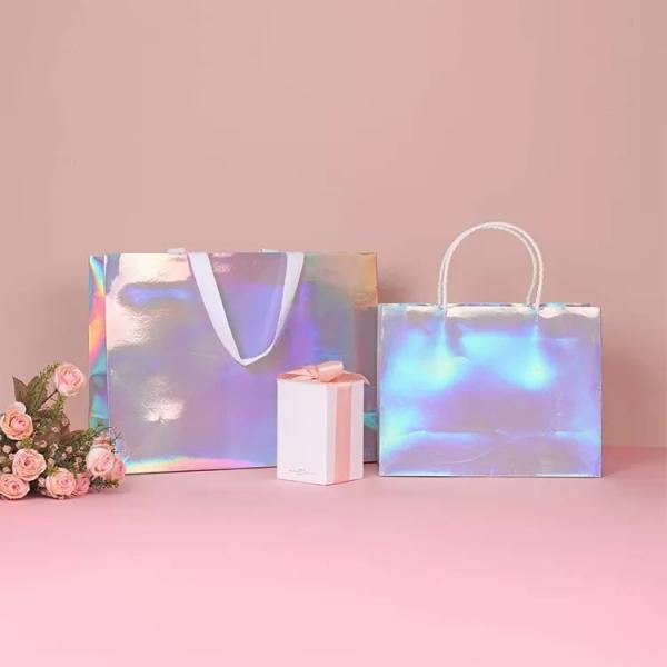 Quality Glitter Silver Foil Clothing Carrier Bags Holographic Cmyk Color for sale