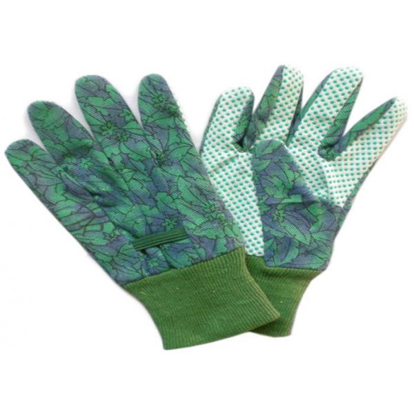 Quality Green Knit Wrist Working Hands Gloves Green PVC Dot Grip Garden Cotton Canvas for sale