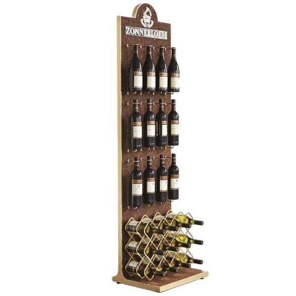 Quality Customized Free Standing Wine Display Stand Wine Rack Wood Storage Wooden Display Shelf for Bar for sale