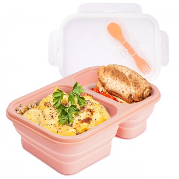 Quality 2 Compartments Collapsible Lunch Containers With Lid Lunchbox With Utensils Foldable Silicone Bento For Adults BPA Free for sale