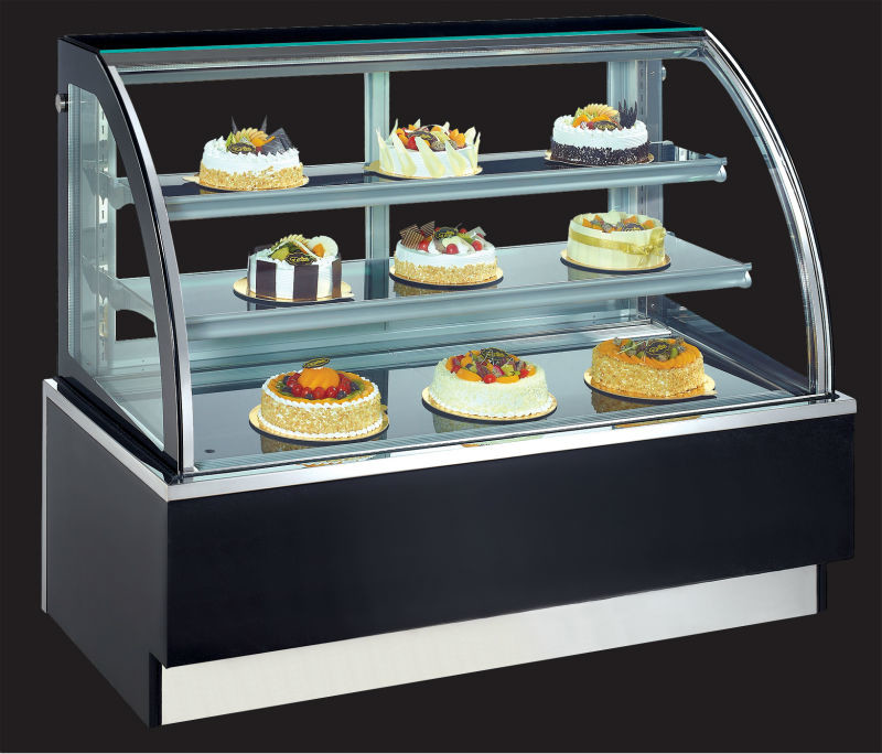 China floor type curved glass 3-layer cake chiller showcase with size 90cm length in stainless or marble base color optionl factory