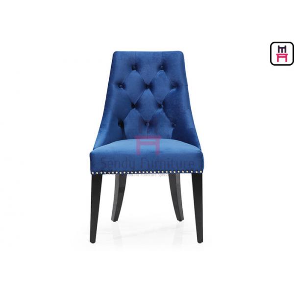 Quality High Back Blue Velvet Tufted Upholstered Dining Chairs with Black Iron Legs for sale