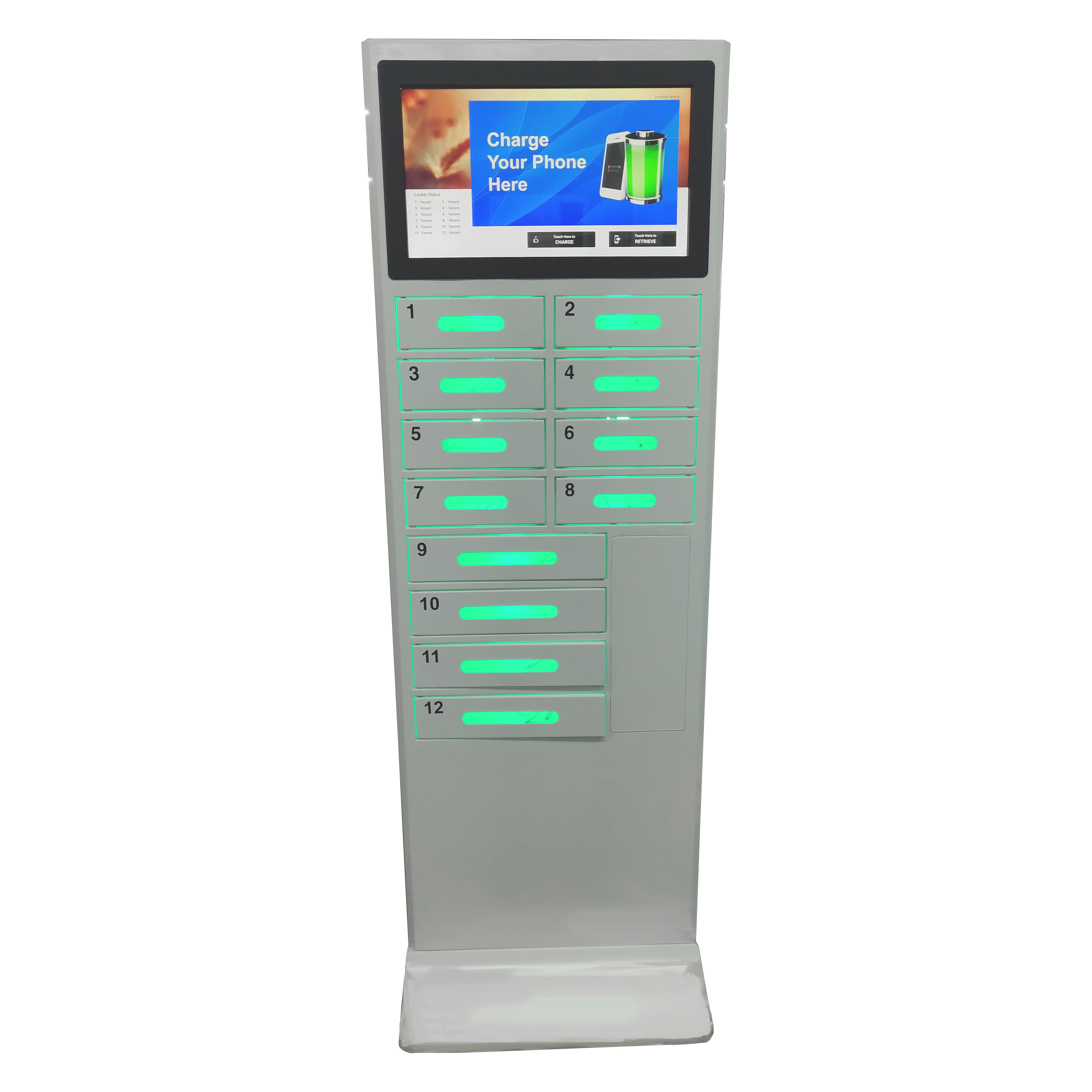 China Android Based System Cell Phone Battery Charging Station Touch Screen With 12 Doors and Remote Control Platform factory